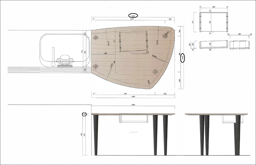 ダイニングテーブル天板の形状変更の場合（参考タイプF）のデザイン図面